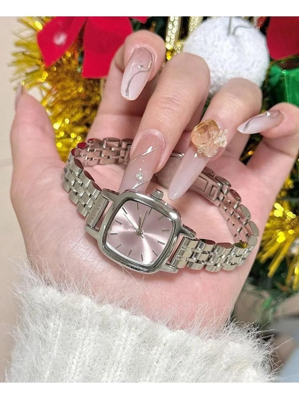 Women's Silver Pink Steel Strap Casual Fashion Simple Square Quartz Wrist Watch